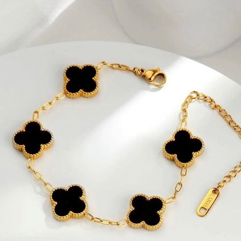 Nwt Women 14k Gold Plated Black Clover Bracelets Double Side Clover Stainless Steel Nicker - Free , Lead -Free ,Cadmium-Free. Plating : 14k Gold Plated Main Material :Stainless Steel Mosaic Material : Shell Length: 6.5 Inches + Extended 2.5 Inches. Happy To Answer Any Questions! Super Fast Shipping, Ship Out Next Business Day Happy To Answer Any Questions! Super Fast Shipping, Ship Out Next Business Day Gold Bracelet Black Women, Clover Bracelets, Golden Accessories, Clover Jewelry, Clover Bracelet, Native American Bracelets, Ribbon Bracelets, Art Deco Bracelet, Golden Jewelry