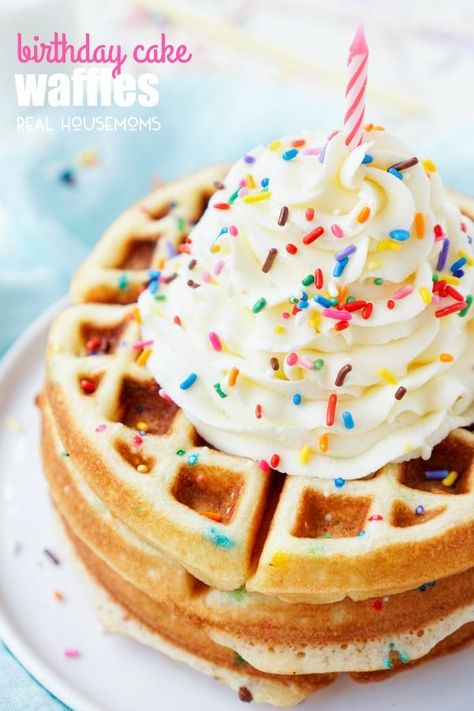 These BIRTHDAY CAKE WAFFLES are a fun way to kick off a day of celebration for that special someone! Made with cake mix, these waffles are an easy and sweet breakfast everyone will love! Fun Waffles For Kids, Birthday Cake Waffles, Birthday Cake 21st, Birthday Cake Flower, Easy Birthday Cake Recipes, Cake Waffles, Birthday Cake Blue, Birthday Breakfast Party, Breakfast Birthday