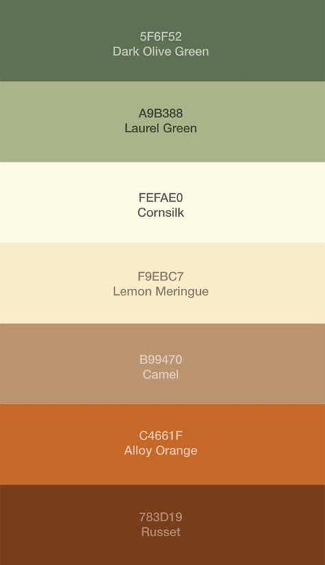 Color Pallet of: Dark Olive Green, Laurel Green, Cornsilk, Lemon Meringue, Camel, Alloy Orange and Russet Earth Tone Room Colors, Earth Toned Palette, Earth Colours Palette, Earthy Living Room Colors, Green Room Colour Palettes, Earth Tone Room Bedrooms, Earth Tone Kitchens, Color Pallets Earth Tones, Earthly Tones Palette