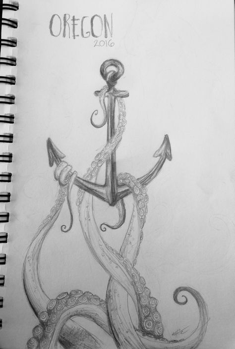 Anchor octopus ocean sketch pencil drawing art Oregon coast Octopus Wrapped Around Drawing, Kraken Drawing Sea Monsters, Octopus Drawing Step By Step, Tenticals Reference Drawing, Ocean Theme Drawings, Kracken Drawings, Ocean Themed Drawings, Sea Monster Sketch, Octopus Drawing Realistic