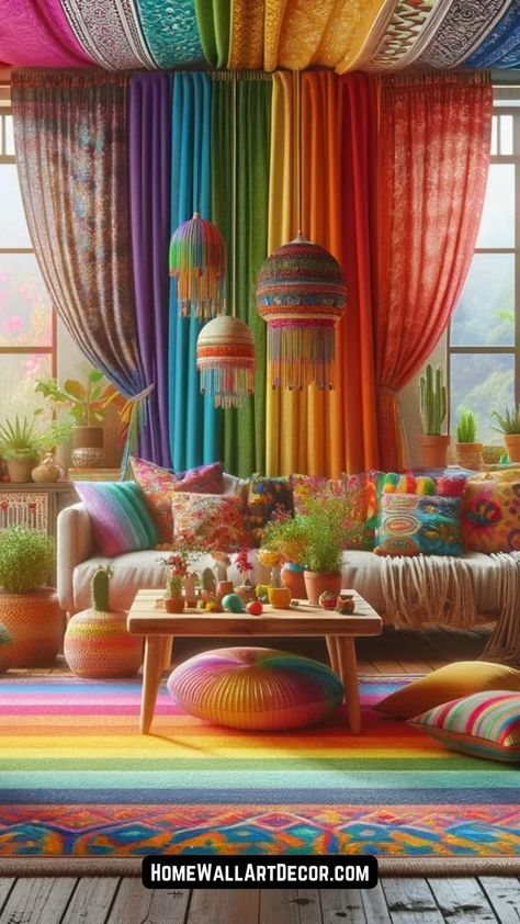 Get inspired to unleash your creativity with these art and craft ideas and tutorials! Tap to see more crafting inspiration. Colorful Restaurant Design, Blue Boho Bedroom Ideas, Rainbow Room Aesthetic, Rainbow Living Room, Blue Boho Bedroom, Maximalist Color Palette, Colorful Boho Living Room, Rainbow Interior Design, Rainbow Themed Room