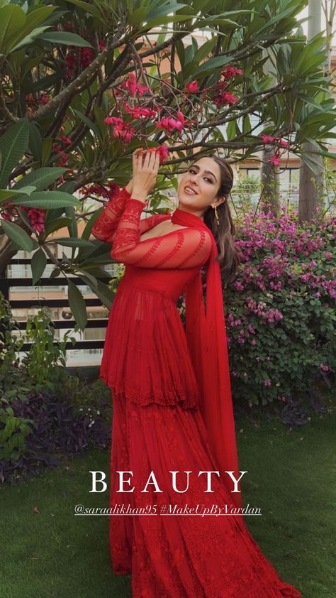 Sara Ali Khan Sharara Suit, Sara Ali Khan In Red Suit, Sara Ali Khan Red Suit, Tere Vaste Sara Ali Khan Red Dress, Sara Ali Khan Red Dress, First Meeting Outfit, Dress For Wedding Indian, Sara Ali Khan Indian Wear, Eid Aesthetic