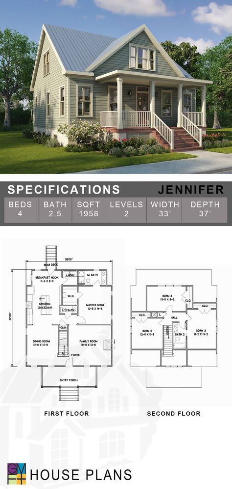 Simple, yet stylish, this cottage-style plan features an exterior overflowing with charm. An overhead gable and loads of windows create a rich curb appeal. Perfect for a narrow and/or small lot, the width and depth dimensions are only 33’ and 37’ respectively, yet at nearly 2000 ft. of living space, there is plenty of room to live and entertain. The interior features an open floor plan with a spacious dining room and a gourmet kitchen complete with island, a breakfast nook, and rear deck access. Family Cottage Layout, Cottage Layouts Floor Plans, Small Lot Floor Plans, Breakfast Nook House Plan, Four Bedroom Cottage Floor Plans, Island House Floor Plan, Small Cottage Floor Plans Two Story, Cottage Floor Plans 4 Bedroom, Expandable House Plans Small