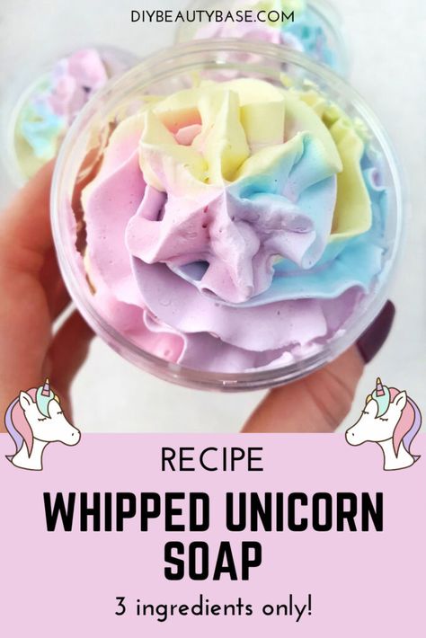 An incredibly soft and creamy DIY whipped soap with rainbow colors and fun cotton candy scent. This unicorn soap looks gorgeous and is guaranteed to make you smile each time you use it. It is also a great project for a DIY gift. Despite the fancy look, this unicorn whipped soap recipe is super easy and requires only 3 ingredients and some pipping supplies. Unicorn Body Scrub, Donut Soap Diy, Rainbow Body Butter, Homemade Whipped Soap Recipes, Foaming Bath Whip Recipes, Unicorn Body Butter Diy, Diy Spa Stuff, Whipped Body Soap Recipe, Easy Soap Recipes 3 Ingredients