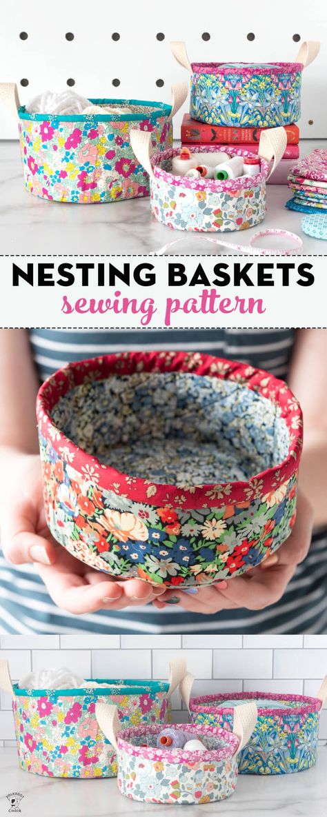 how to make nesting fabric trinket baskets. Learn how to make these adorable baskets using our sewing pattern. Amigurumi Patterns, Tela, Upcycling, Patchwork, Sewing Projects For Bedroom, Quilted Basket Pattern, Cloth Bowls How To Make, Sewing Crafts Patterns, Craft Sewing Projects