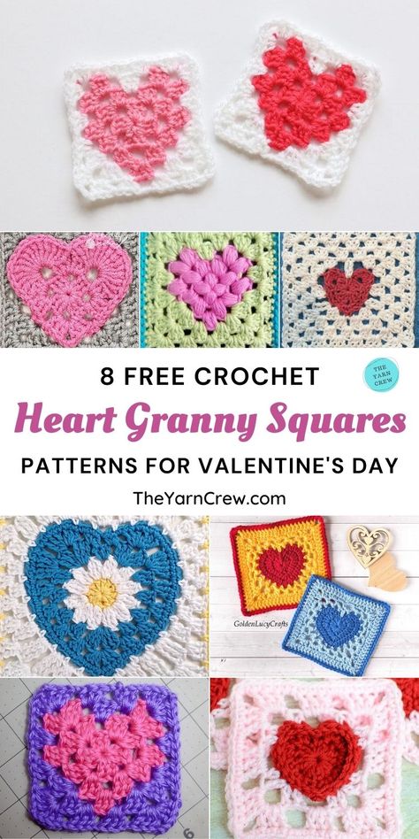 8 Free Crochet Heart Granny Square Patterns For Valentine's Day. Free Crochet Heart Granny Square Patterns curated by The Yarn Crew. Granny Square Hearts Free Pattern, Crochet Granny Square Heart Pattern Free, Unique Crochet Granny Square Patterns, Crochet Heart Granny Square Pattern Free, Heart Crochet Square, Granny Square Heart Pattern, Heart Granny Square Pattern Free, Crochet Heart Granny Square Pattern, Crochet Heart Square