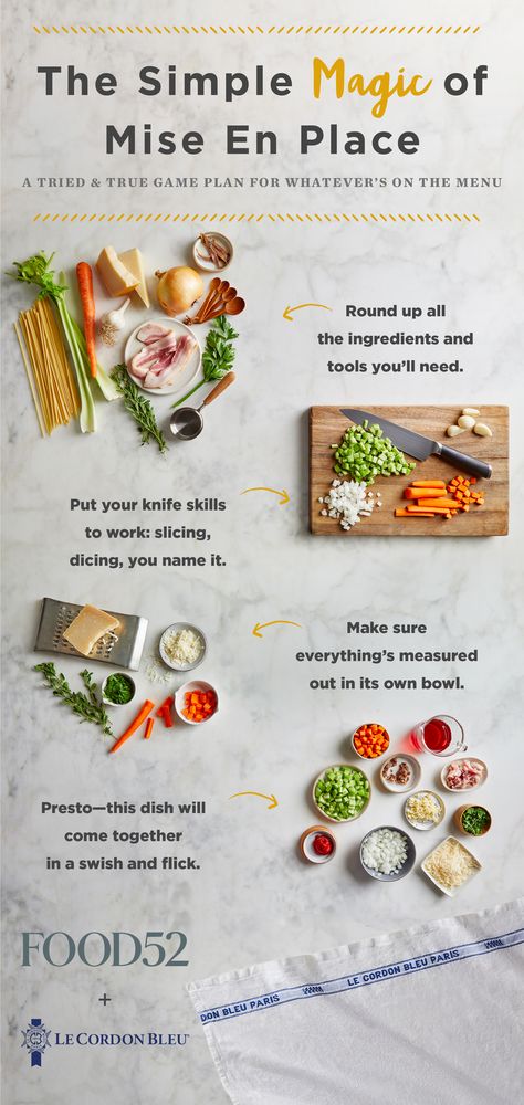 If there's one thing every professional chef knows, it's that mise en place is the key to fuss-free cooking. Click for more kitchen tips! Essen, Chef School, Culinary Lessons, Simple Magic, Culinary Cooking, Culinary Techniques, Professional Cooking, Cook Smarts, Kitchen Skills