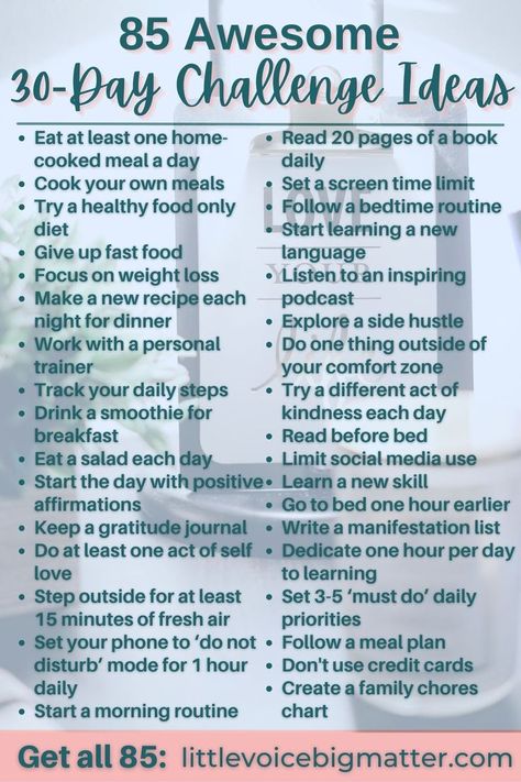 85 Awesome 30 Day Challenge Ideas Weekly Health Challenge Ideas, Nutrition Challenge Ideas, Monthly Wellness Challenges, 90 Day Goals Ideas, 30 Day Tv Show Challenge, Work Wellness Challenge Ideas, Monthly Challenge Ideas 30 Day, Weekly Challenge Ideas, Wellness Challenge Ideas
