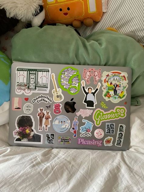 Computers With Stickers, Decorated Laptop Stickers, Stickers On Computer Aesthetic, Laptop Case Stickers Aesthetic, Stickers On Computer, Macbook Decoration Stickers, Computer With Stickers, Stickers On Laptop Aesthetic, Macbook Aesthetic Stickers