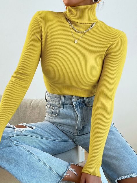 Yellow Basics  Long Sleeve Polyester Plain Basic Tops Embellished High Stretch Spring/Fall Women Knitwear Yellow Sweater Outfit, Turtleneck Sweater Outfit, Look Legging, Pullover Outfit, Vogue Dress, Turtleneck Long Sleeve, Ladies Turtleneck Sweaters, Yellow Outfit, Women Sweaters