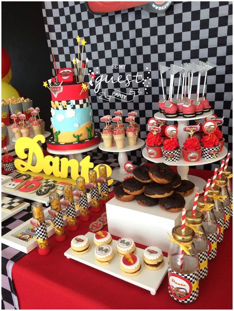 Cars (Disney movie) Birthday Party Ideas | Photo 11 of 27 | Catch My Party Pixar Cars Dessert Table, Pixar Car Themed Birthday Party, Cars Disney Birthday Party, Movie Birthday Party Ideas, Cars Birthday Party Decorations, Movie Birthday Party, Cars Disney, Disney Cars Birthday, Disney Birthday Party