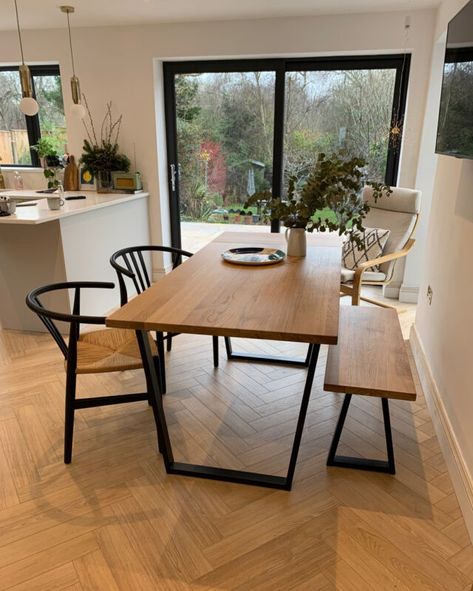 placeholder Dining Table In Hallway, Essen, Wooden Table With Black Frame, Dinner Table With Bench And Chairs, Dining Table And Living Room Combo, Dining Table Wood And Metal, Metallic Dining Table, Black Wood Table Dining Rooms, Dining Table In Front Of Sliding Door