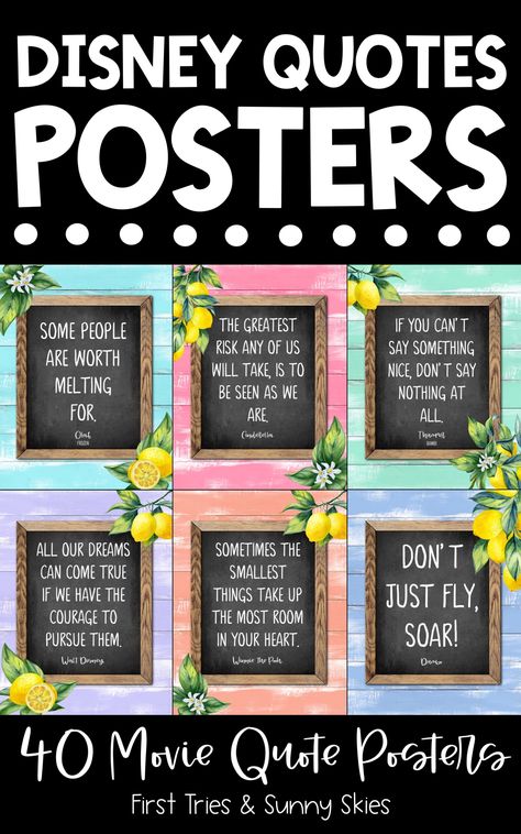 Disney Movie Quotes Posters - Farmhouse Rustic Wood Design - Inspirational Walt Disney Quotes - Bring the magic and wonder of your favorite Walt Disney movies into your classroom with this cute set of 40 bokeh style inspirational quotes posters. Each poster beautifully displays a motivational quote from a classic Disney movie. Your students will love connecting with these timeless words of wisdom from their favorite characters. #growthmindset #disney #elementary #classroomdecor #boho #quotes Epcot Classroom Theme, Disney Classroom Theme Middle School, Disney Library Theme, Disney Themed Classroom Decorations, Disneyland Classroom Theme, Pixar Classroom Theme, Disney School Theme, Disney Bulletin Board Ideas, Disney Farmhouse