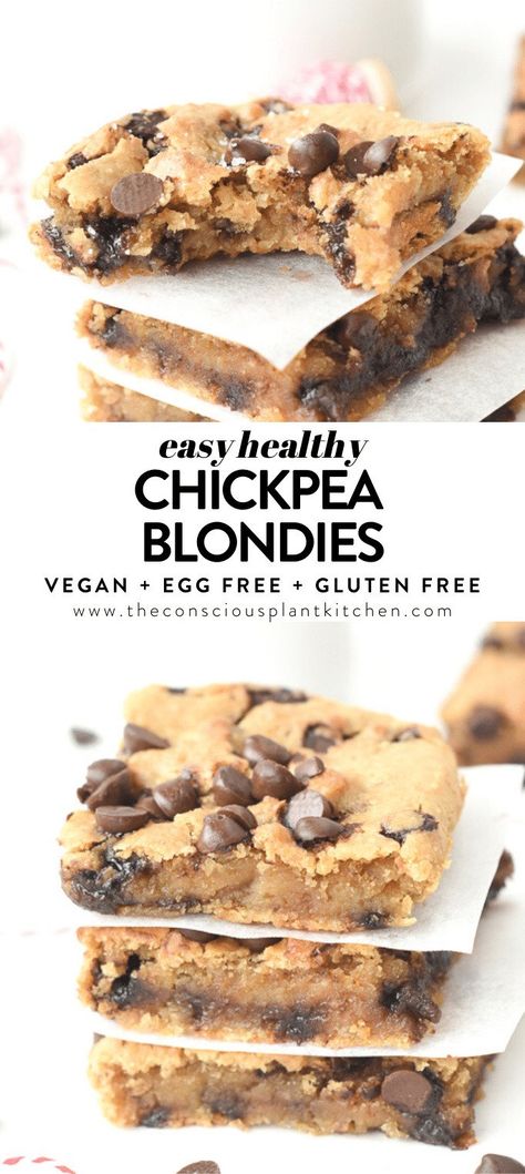 FLOURLESS CHICKPEA BLONDIES Healthy + Vegan with nut free option! #vegan #healthy #chickpeablondies #peanutbutter #easy #eggless #flourless #blondies #veganbaking #vegandessert #healthyvegandesserts #chocolatechips #nutfree #chickpea #veganbrownies Chickpea Blondies, Vegan Blondies, Blondie Bars, Protein Dessert, Protein Desserts, Healthy Vegan Desserts, Blondies Recipe, Healthy Sweets Recipes, Vegan Dessert