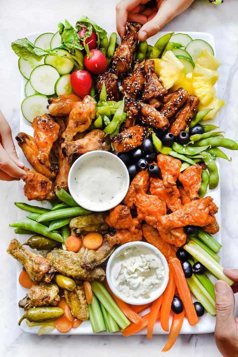 How to Make a Game-Day 4-Way Baked Chicken Wing Platter | foodiecrush.com #football #appetizer #chicken #wings #platter #board Chicken Wing Platter, Wings Platter, Wing Platter, Appetizer Chicken, Baked Chicken Wings Oven, Wing Sauce Recipes, Platter Board, Crispy Baked Chicken, Party Food Platters