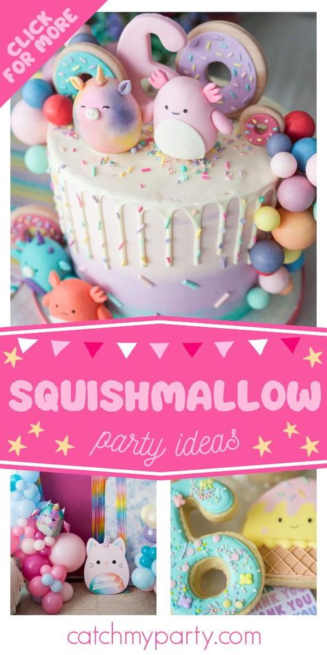 Squishamellow Birthday Party, Diy Squishmallow Party, Squishville Birthday Party, Birthday Party For 8 Year Girl, Squishmallow Birthday Party Diy, 6 Girl Birthday Party Ideas, Diy Squishmallow Party Decorations, Birthday Party Ideas 9 Girl, Squishmallow Balloon Arch