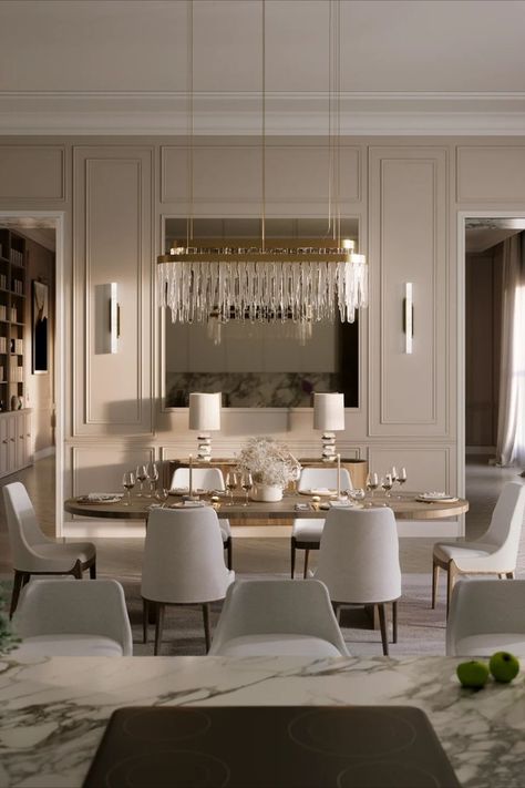 sophisticated dining room with a wood dining table and cream dining chairs Rh Interiors, Classical Interior Design, Modern Dining Room Lighting, Dining Room Design Luxury, Almirah Designs, Classical Interior, Classic Dining Room, Neoclassical Interior, تصميم للمنزل العصري