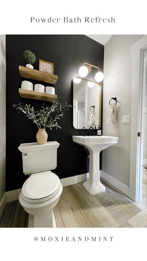 Black Accent Wall Half Bathroom, Classy Half Bathroom Ideas, Earthy Tone Bathroom Ideas, Small Bath Color Ideas, Half A Bathroom Ideas, Simple Modern Half Bathroom, Powder Room Makeover Small Modern, Clean Look Bathroom Ideas, Half Bath Organization Small Spaces