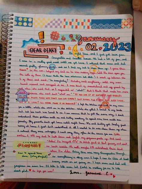 It's a colorful diary entry with little doodles and cursive writing. The date reads January 02, 2023. Diary Entry Example, Diary Entry Ideas, Diary Entry Format, Diary Examples, Organization Notes, Handwriting Examples, Diary Entries, Entry Ideas, Diary Writing