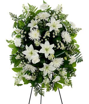 Funeral flowers with white lilies and white mums in standing spray Condolence Flowers, Funeral Bouquet, Standing Spray, Funeral Sprays, Funeral Floral, Funeral Flower Arrangements, Online Flower Delivery, Asiatic Lilies, Dendrobium Orchids