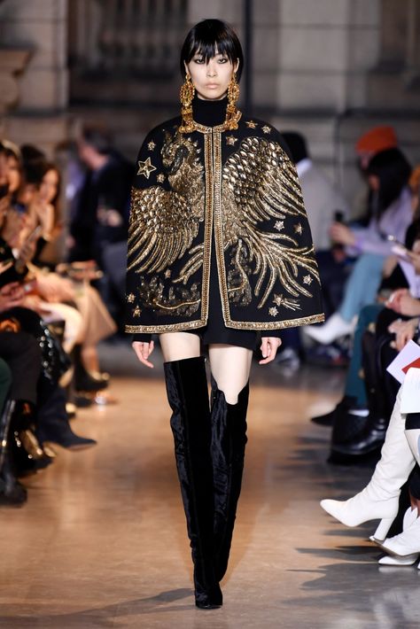 Haute Couture, Couture, Black And Gold Runway Fashion, Cape Runway, Black Cape Outfit, Black Gold Outfit, Beaded Garments, Black And Gold Outfit, Morocco Fashion