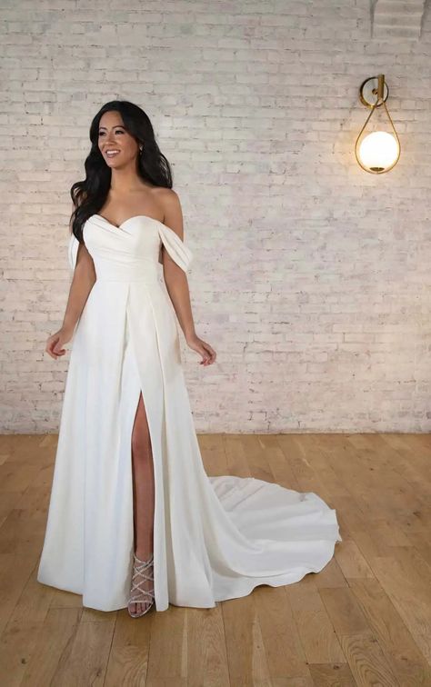 Luxe Satin A-Line Wedding Dress with Off-the-Shoulder Straps and Sweetheart Neckline Elegant Satin Wedding Dress Off The Shoulder, Cold Shoulder A Line Wedding Dress, Simple Off The Shoulder Wedding Dress A Line, Satin Wedding Dress A Line Sweetheart, Sweetheart Neckline Wedding Dress Satin, Simple Aline Wedding Dress Off Shoulder, Wedding Dress For Thick Waist, Couture, Satin Wedding Dress Big Bust