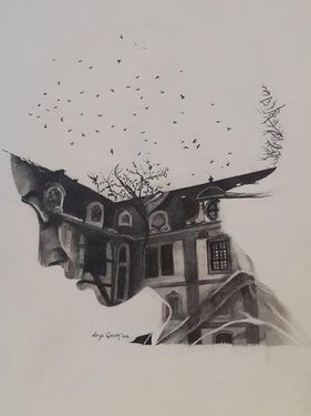 "Home of Memories," original portrait drawing by artist Derya Qasem (Turkey) available at Saatchi Art. #SaatchiArt Croquis, Childhood Memories Sketch, Art About Memories, Childhood Memories Art Drawings, Memories Drawing Ideas, Drawing Memories, Memories Drawing, Faces Sketch, Memory Art