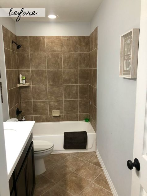 Houston lifestyle blogger Uptown with Elly Brown shares her before and after pictures of their kids bathroom Bathroom Ideas With Brown Tile Floor, Brown Tiled Shower Ideas, Brown Shower Tile Ideas, Bathroom Colors With Beige Tile, Bathroom Remodel With Brown Tile, Tan Bathroom Remodel, Modern Brown Bathroom Ideas, Brown Tiled Bathrooms Ideas, Paint Colors That Go With Brown Tile