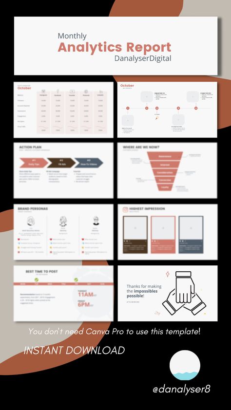 Infographics for marketing reporting, analytics reporting for social media managers and virtual assistant Presentation Template Canva, Canva Infographic, Canva Presentation Template, Marketing Report Template, Canva Presentation, Social Media Analysis, Instagram Report, Social Media Strategy Template, Social Media Metrics