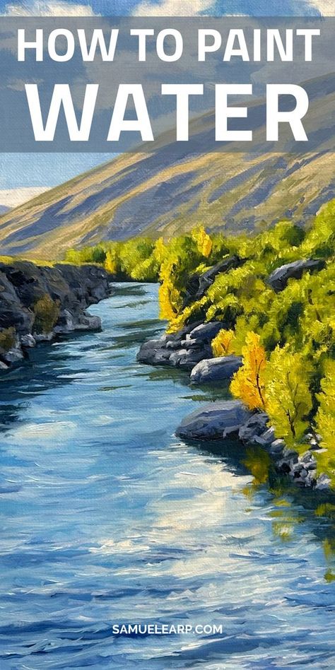 In this blog post I show you step-by-step how to paint water in a landscape inspired by a river in New Zealand. Throughout the painting demonstration I give you lots of tips and techniques for painting water and well as landscape painting in general. Suitable for oils and acrylics. #art #paintingwater #landscapeart #oilpainting #paint Water Scenery Paintings, Landscape Tutorial Painting, River Oil Painting, How To Paint Lake Water, Oil Painting Landscape Tutorial, How To Paint A River, Landscape For Painting, Paint Water Tutorial, Waterfall Painting Acrylic Step By Step