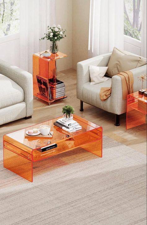 Orange acrylic plastic see through coffe table  with extra bottom shelf Orange Coffee Table, Cheer Aesthetic, Orange Couch, Coffee Table For Living Room, Lucite Table, Cofee Table, Acrylic Coffee Table, Orange Coffee, Couch Decor