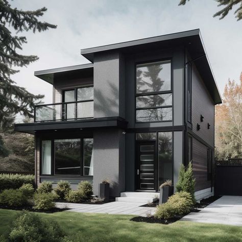Black And Grey House Aesthetic, Grey Paint House Exterior, Dark Grey Modern House Exterior, Grey House Modern, Contemporary Home Design Exterior, Dark Grey Exterior House Colors Modern, Black Paint House Exterior, Grey White Exterior House, Modern House Color Exterior Philippines