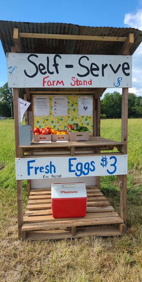 Pallet Fruit Stand, Pallet Produce Stand, Pallet Stand Display, Kids Farmers Market Stand, Pallet Farm Stand, Farm Stand Plans, Farmstand Ideas, Roadside Farm Stand, Farm Market Ideas