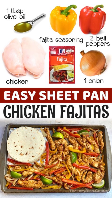 Chicken Fajitas Oven Easy, Oven Roasted Chicken Fajitas, Easy Large Portion Meals, Simple Fajita Recipe, Fajita Chicken Sheet Pan Dinner, Pan Chicken Fajitas Sheet, Easy Dinner Recipes For Singles, Easy At Home Pizza, Easy Chicken Fajita Bowl