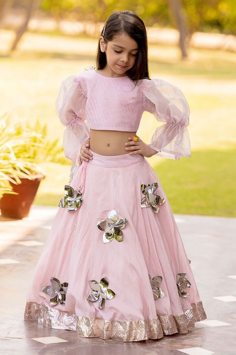 Pastel pink lehenga with pleated blouse and dupatta for girls Organza Crop Top Lehenga For Kids, Kids Crop Top Lehenga Designs, Organza Lehenga For Kids, Pastel Pink Lehenga, Organza Tops, Embellished Lehenga, Baby Lehenga, Lehenga For Girls, Dance Concert