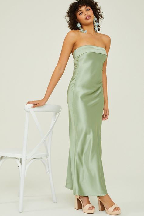 Paityn Strapless Maxi in Sage | Altar'd State Turquoise Satin Bridesmaid Dresses, Light Green Satin Bridesmaid Dress, Sage Green Strapless Prom Dress, Light Green Satin Dress Long, Sage Green Dress Satin, Bridesmaid Dresses Pastel Green, Tuscan Wedding Dress Guest, Sage Green Long Dress, Sage Green Wedding Dress