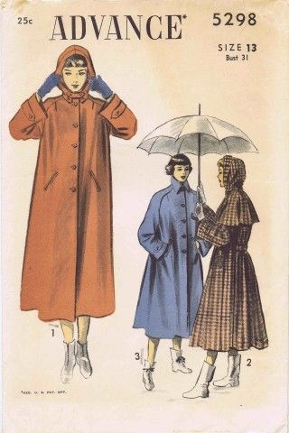 The blue one is nice. Advance 5298 Raincoat Pattern, Hood Cape, Pattern Coat, Mode Retro, Vintage Dress Patterns, Pattern Pictures, Century Clothing, Vintage Mode, Hooded Raincoat