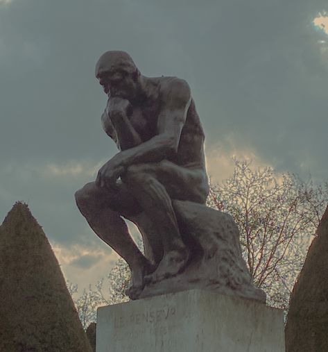 The thinker statue Thinking Statue Aesthetic, The Thinker Aesthetic, The Thinker Wallpaper, Thinker Aesthetic, Andre Core, Self Made Man Statue, Thinking Statue, Thinking Man Statue, Sketchbook Reference