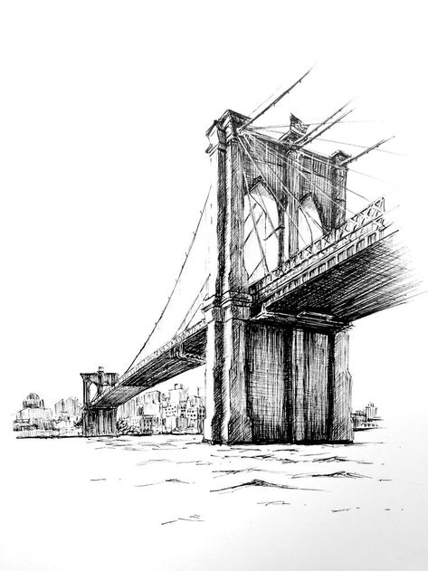 A pen sketch of Brooklyn Bridge New York New York Drawing, Micron Pen Art, Bridge Drawing, Cityscape Drawing, Architecture Drawing Sketchbooks, Architecture Sketchbook, City Drawing, Perspective Art, Architecture Drawing Art