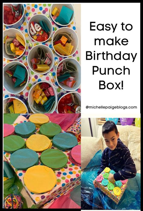 Fun birthday gift idea-- a punch board box! Easy to follow instructions @michellepaigeblogs.com Birthday Poke Board Gifts, Birthday Gift Game Ideas, Punch Out Birthday Gift, Birthday Gift Board With Cups, Punch Cups Game Birthday, Punch Gift Ideas, Punch Box Gift Ideas, How To Make A Punch Board, Punch Cup Birthday Gift Board