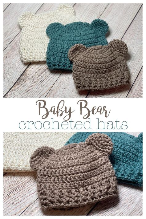 Simple crocheted baby bear hat in 3 sizes 0-3, 3-6, and 6-12. The hats are a basic double crochet hat with a post stitch ribbing and little bear ears. Free Newborn Crochet Hat, Baby Hat And Booties Crochet Pattern, Free Easy Amigurumi Crochet Patterns, Crochet Patterns For Baby Boys, Preemie Crochet Patterns Free, Crochet For Baby Boy, Crochet Baby Beanie Free Pattern, Double Crochet Hat, Baby Hats Crochet