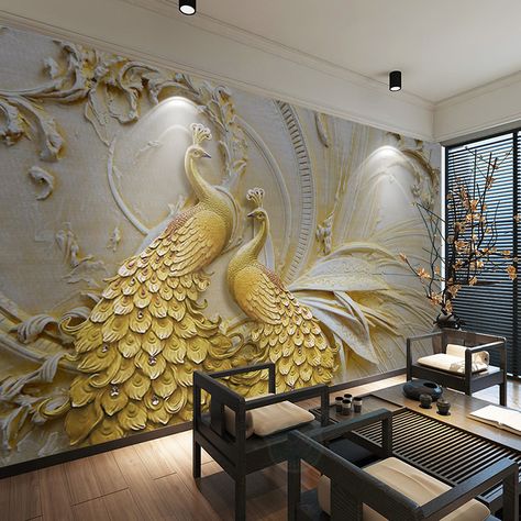 Gold Peacock Wallpaper, Wall Painting Living Room, Peacock Wallpaper, Look Wallpaper, 3d Wallpaper For Walls, Peacock Wall Art, 3d Wall Murals, Custom Wall Murals, Custom Murals