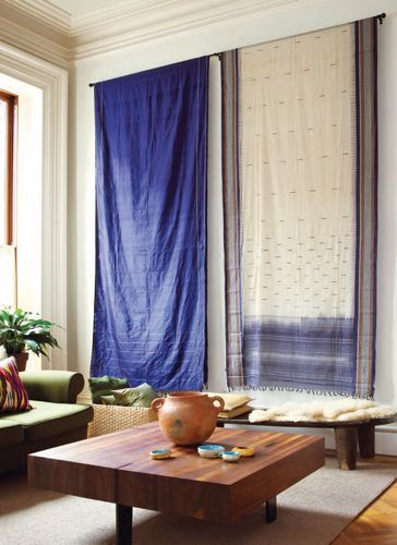 love the simply hung saris; prospect heights townhome of mariza scotch and diery prudent, photographed by tria giovan Wall Hanging Fabric Tapestries, Fabric Photo Wall Hanging, Shibori Wall Hanging, Fabric Hanging On Wall, Fabric Room Dividers Hanging, Fabric Wall Display, Blue Wall Hanging, Silk Wall Hanging, Fabric As Wall Art