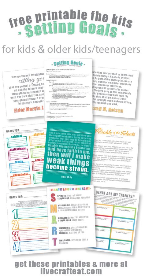 looking for a great way to teach your kids & older kids/teenagers about goal setting? get these free printable family home evening kits! there are 2 sets: one for older kids/teenagers, and a more simplified version for younger kids. each kit includes suggestions for scriptures, quotes, stories/talks, handouts, songs, and activities. all of them free and printable, of course!! | www.livecrafteat.com Scriptures Quotes, Goal Activities, Family Home Evening Lessons, Goal Setting Activities, Quotes Stories, Activity Day Girls, Fhe Lessons, Kids Goals, Printable Family