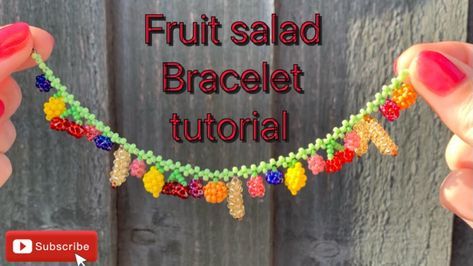 Beaded fruit salad bracelet tutorial - YouTube Fruit Beads Jewelry, Seed Bead Fruit Tutorial, Fruit Beaded Bracelet, Beaded Fruit Tutorial, Beaded Fruit, Seed Bead Bracelets Tutorials, Tiny Bead Bracelet, Beaded Projects, Seed Bead Bracelet Patterns