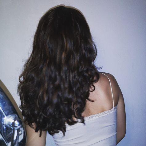 Brown Hair Inspo Curly, Wavy Dark Brown Hair Aesthetic, Dark Brown Curly Hair Aesthetic, Dark Long Wavy Hair, Curly Dark Hair Aesthetic, Long Dark Brown Hair Curly, Black Curly Highlights, Dark Brown Wavy Hair Aesthetic, Black Natural Wavy Hair