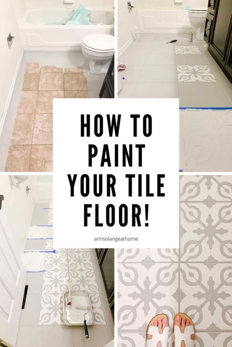 Jun 19, 2020 - A full tutorial on how to paint tile floors and stencil them for a great finished outcome and total room transformation by Arin Solange at Home. Stenciled Tile Floor, Stencil Tile, Bathroom Tile Diy, Painting Bathroom Tiles, Tile Floor Diy, Paint Tile, Brown Tile, Painting Tile Floors, Diy Bathroom Makeover