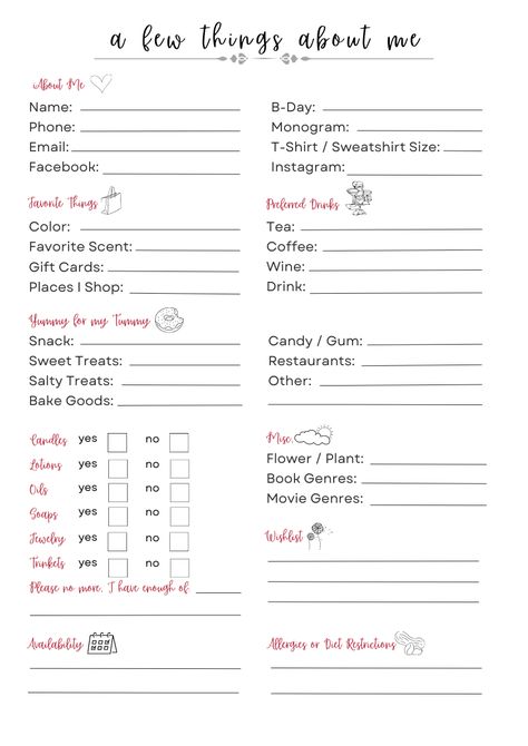 Questions To Ask For Birthday Gifts, Fun Questionnaire For Friends, Family Gift Questionnaire, All About Me Questions For Coworkers, Favourite Things Questionnaire, Questionnaire For Gift Giving, Best Friend Questionnaire, Getting To Know You Questionnaire, Employee Of The Month Questionnaire