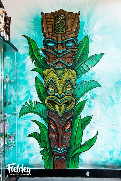 Tiki Mural, Surf Graffiti, Tiki Signs, Tiki Tattoo, Tiki Head, Wall Makeover, Tiki Totem, Tiki Decor, Tiki Lounge