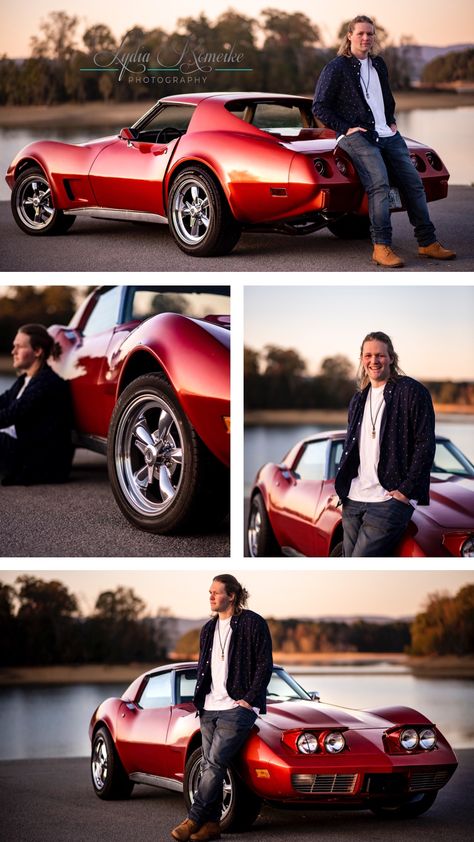 Male Poses With Car, Senior Guy Car Pics, Car Guy Pictures, Corvette Senior Pictures, Male Model Car Photoshoot, Guys With Cars Photography, Guys Senior Pictures Poses With Car, Mens Car Photoshoot, Guy With Car Photography